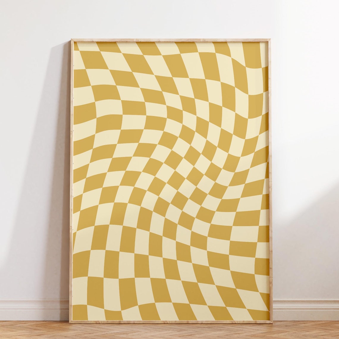 Wavy Yellow Cream Checkerboard Pattern Bold Retro Art Poster