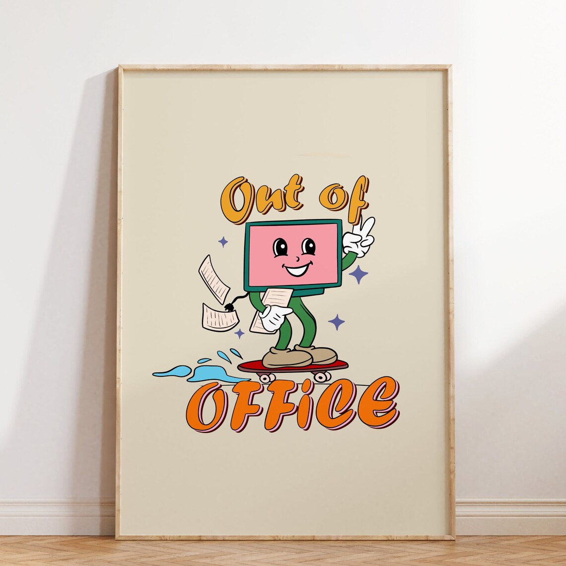 Out of Office Funny Retro Computer Character Skateboard Poster