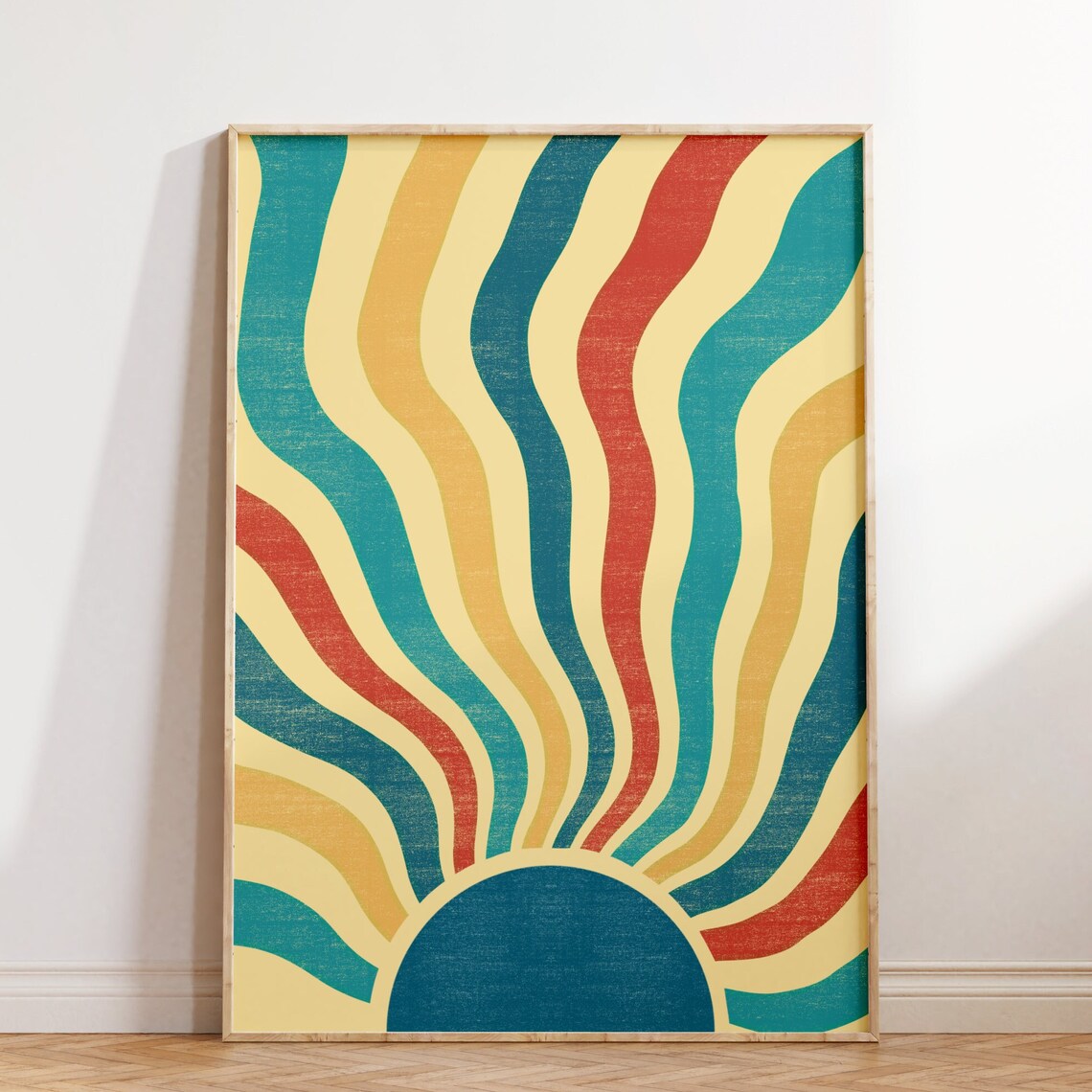 Retro Rising Sun Wavy Sunburst Teal Red Vintage 70s Art Poster
