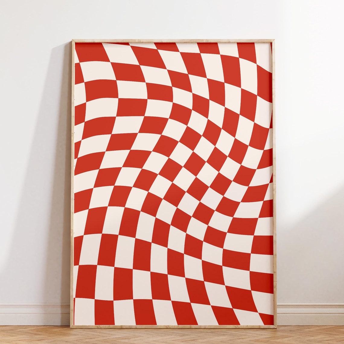 Wavy Red White Checkerboard Pattern Bold Retro Optical Art Poster