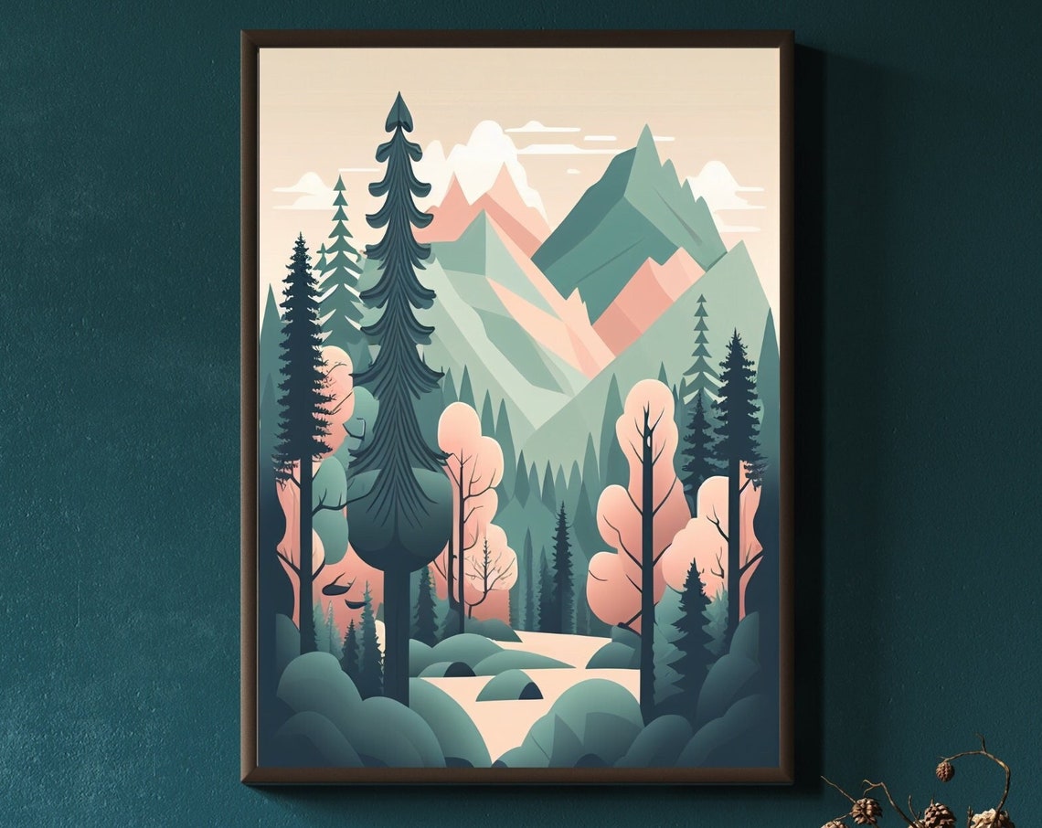 Pine Forest Mountain Valley Modern Flat Illustration Nature Poster - Image 3