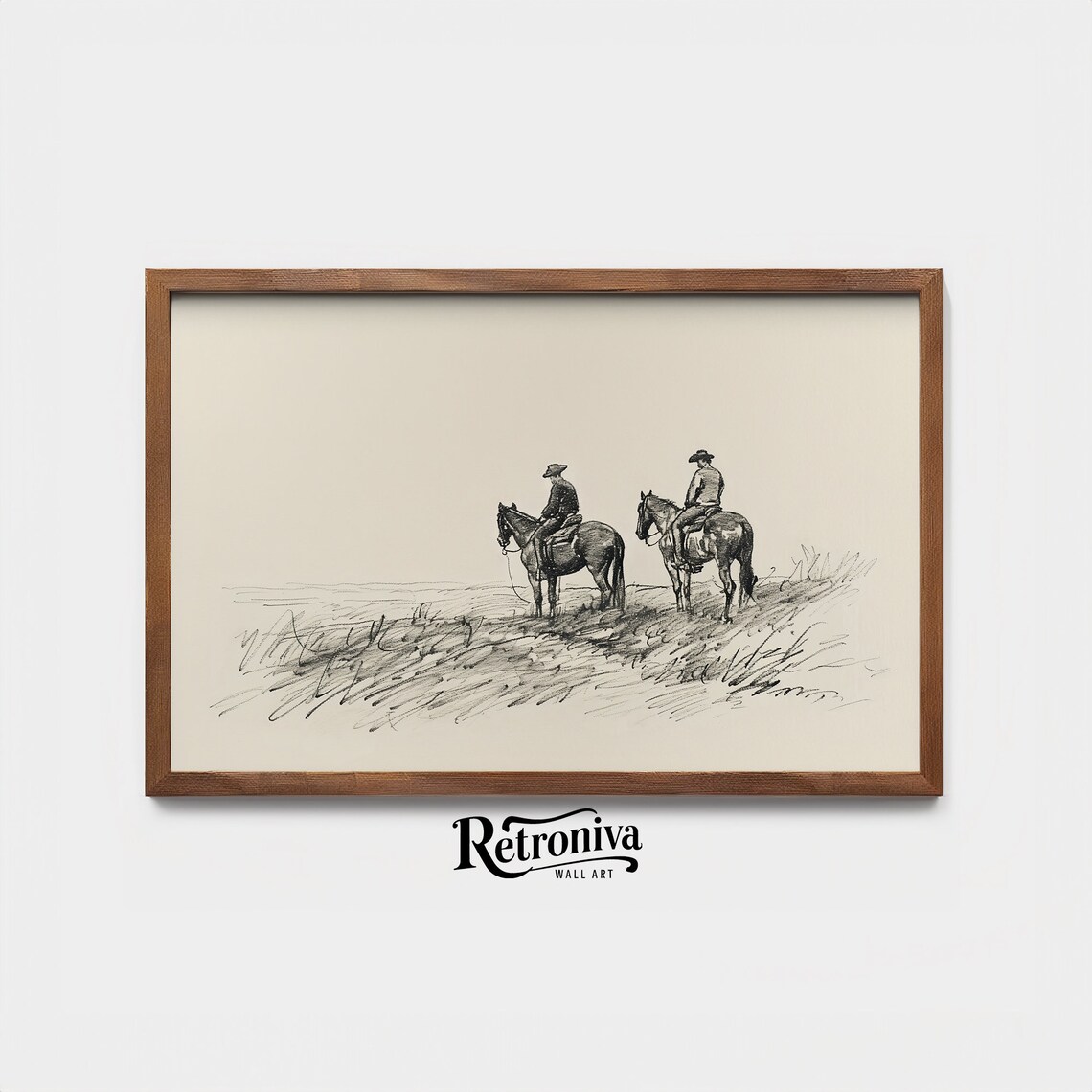 Cowboys On Horses Sketch Print, Vintage Farmhouse - Image 2