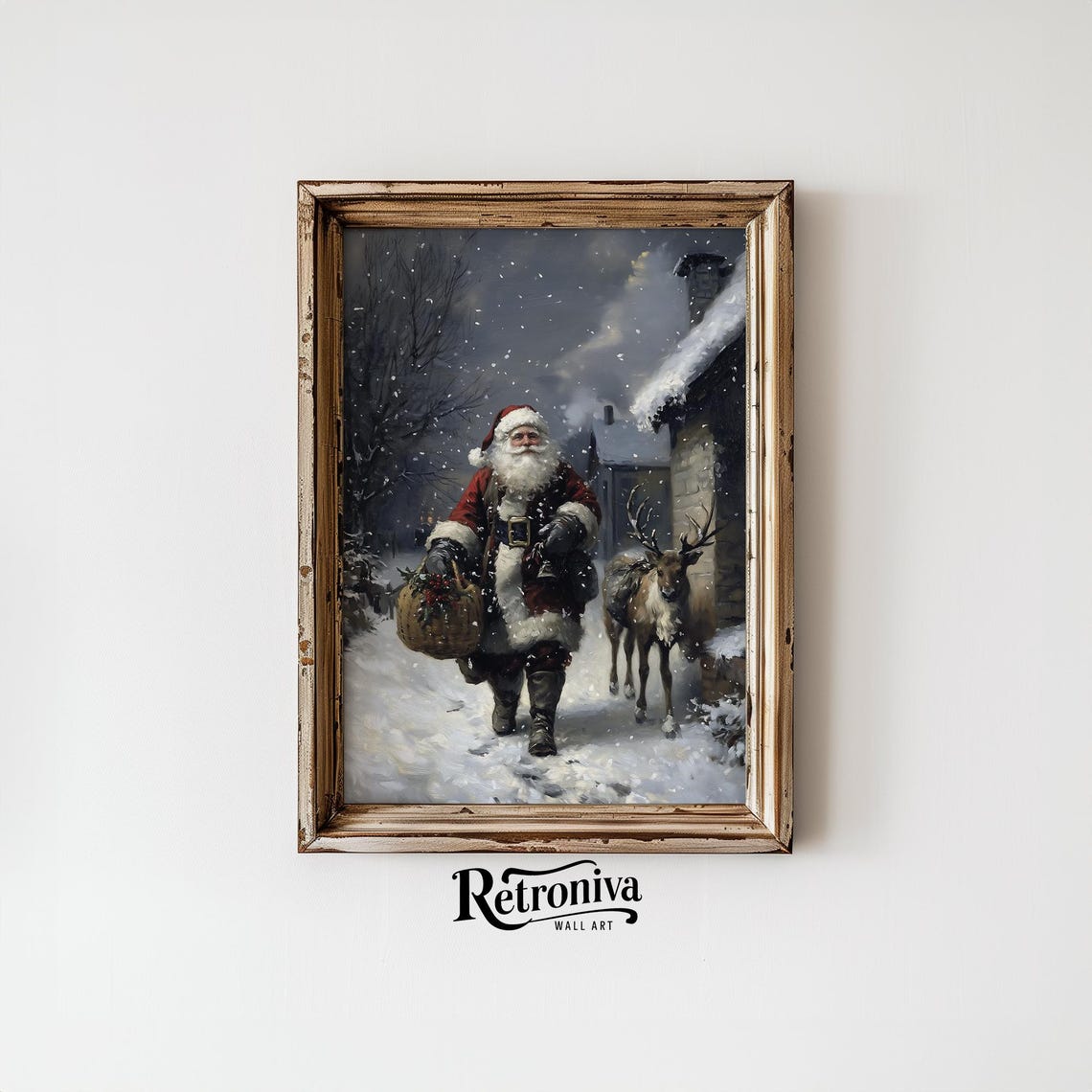 Santa Claus with Reindeer on Snowy Night Vintage Christmas Poster - Image 6