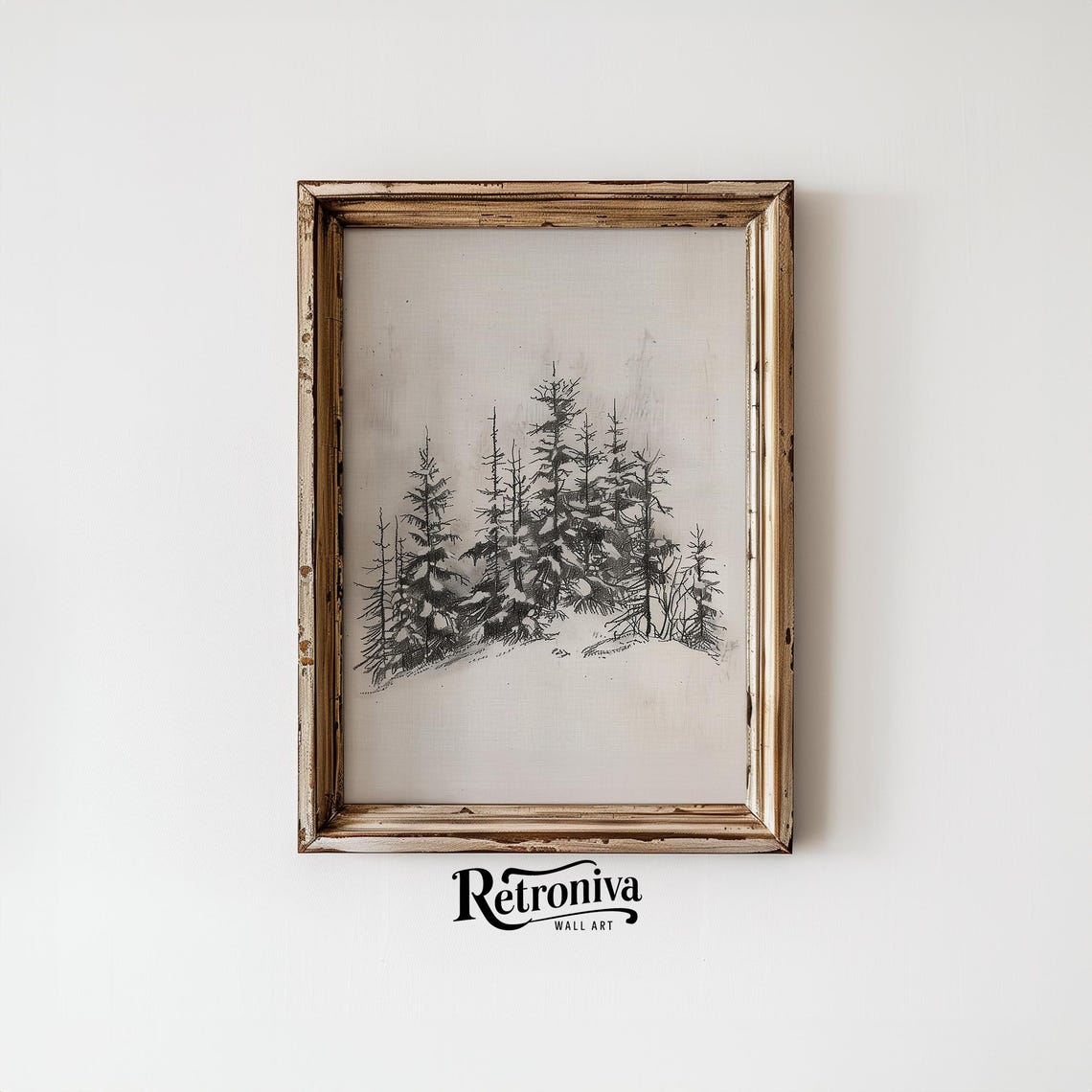 Snowy Pine Forest Charcoal Sketch Minimalist Winter Trees Print - Image 6