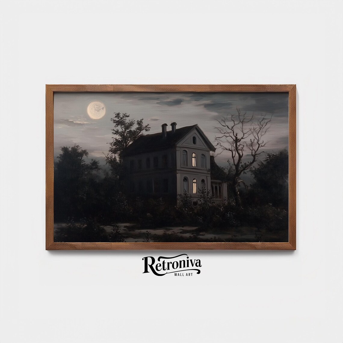 Rustic House Moonlight Full Moon Moody Night Landscape Painting Poster - Image 3
