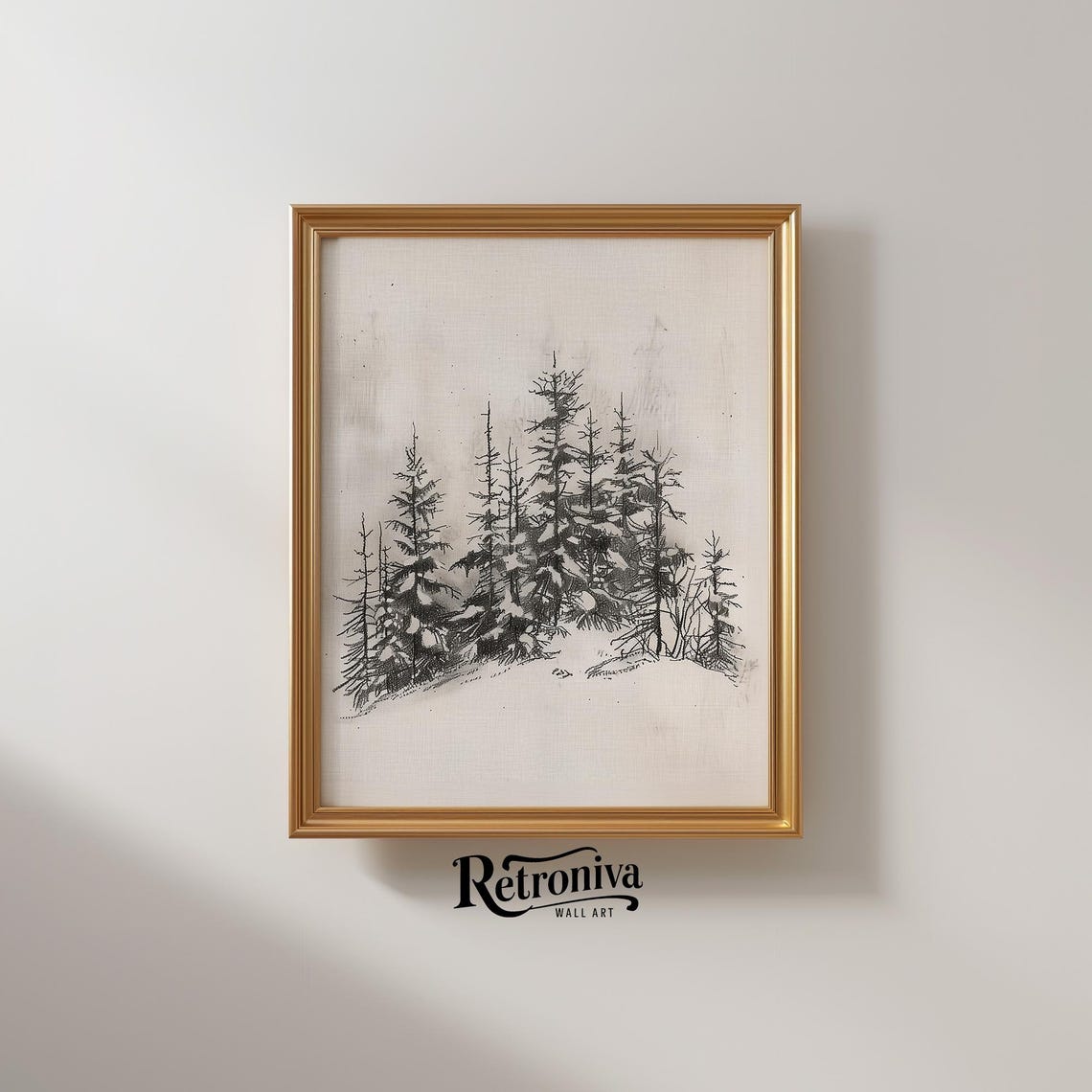 Snowy Pine Forest Charcoal Sketch Minimalist Winter Trees Print - Image 2