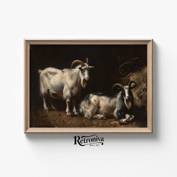 Goats In Barn Vintage Oil Painting Goat Painting Moody Wall Art Print Animal Farmhouse Wall Decor Retroniva Art Anm 006