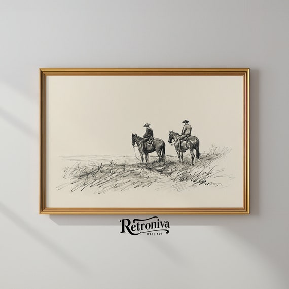Cowboys On Horses Sketch Print, Vintage Farmhouse