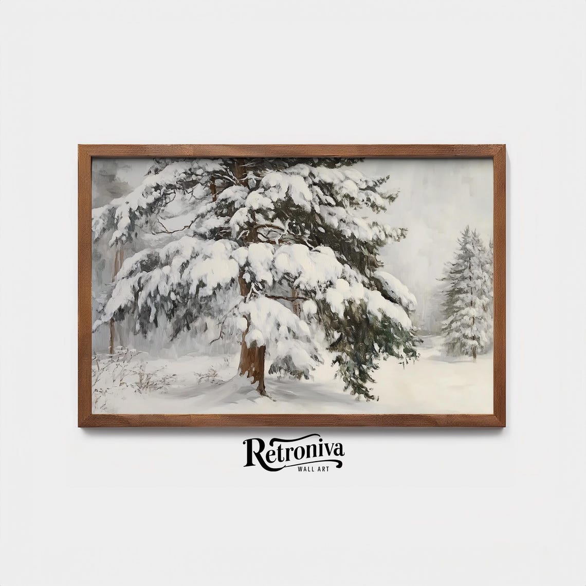Snow Covered Pine Tree Vintage Winter Woodland Oil Painting Poster - Image 4