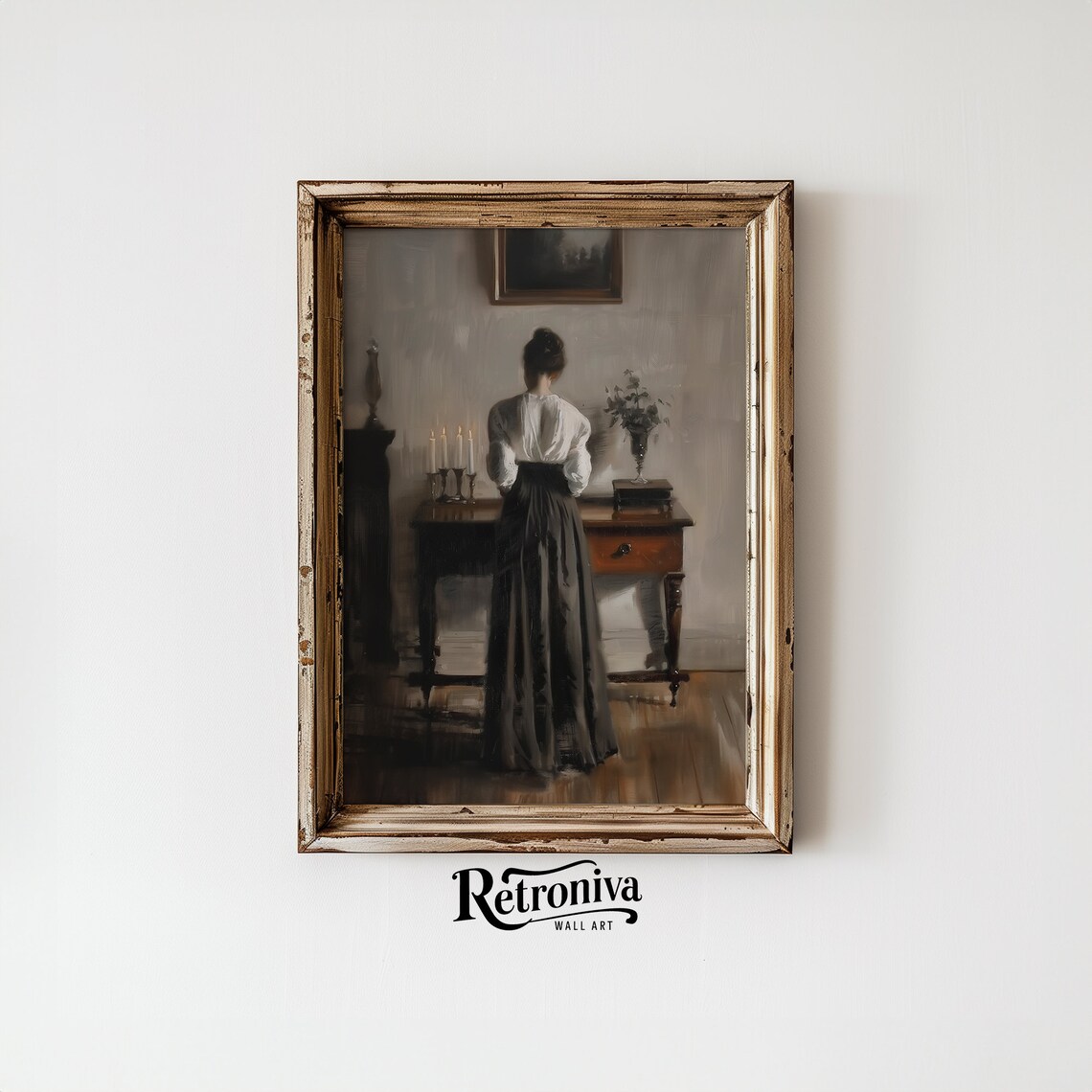 Woman By Candlelit Desk Vintage Dark Academia Interior Painting Poster - Image 6