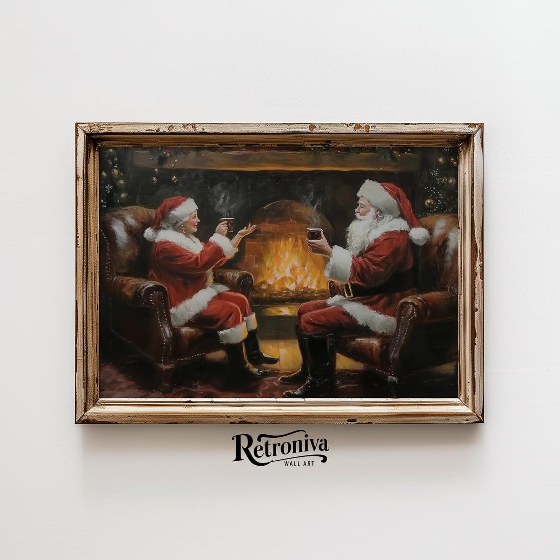 Old Couple In Santa Claus Mrs Claus Costume Scene Vintage Oil Painting Couple Christmas Art Print Retroniva Art Cpl 009 - Image 3