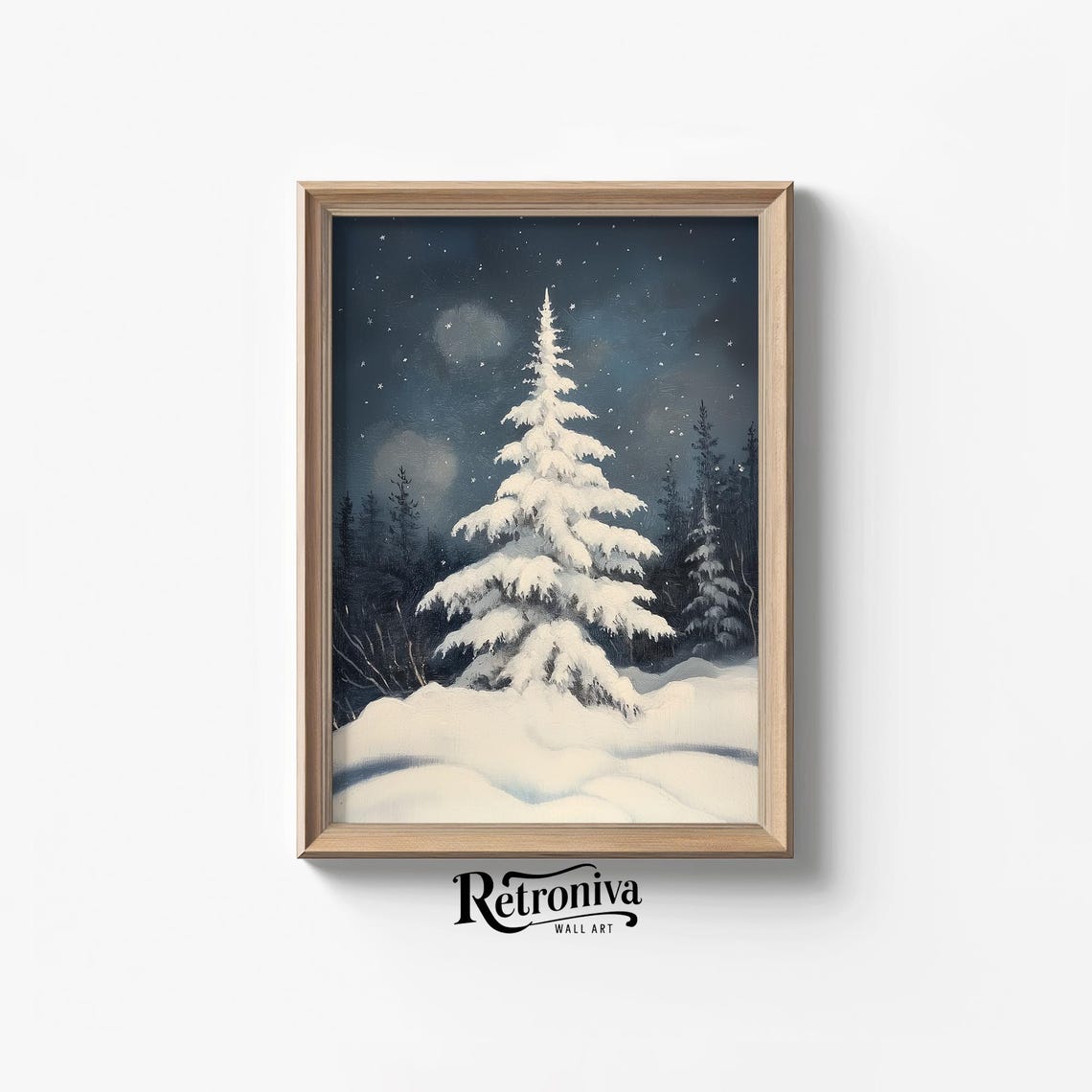 Snow Covered Pine Tree Starry Night Winter Moonlight Forest Poster