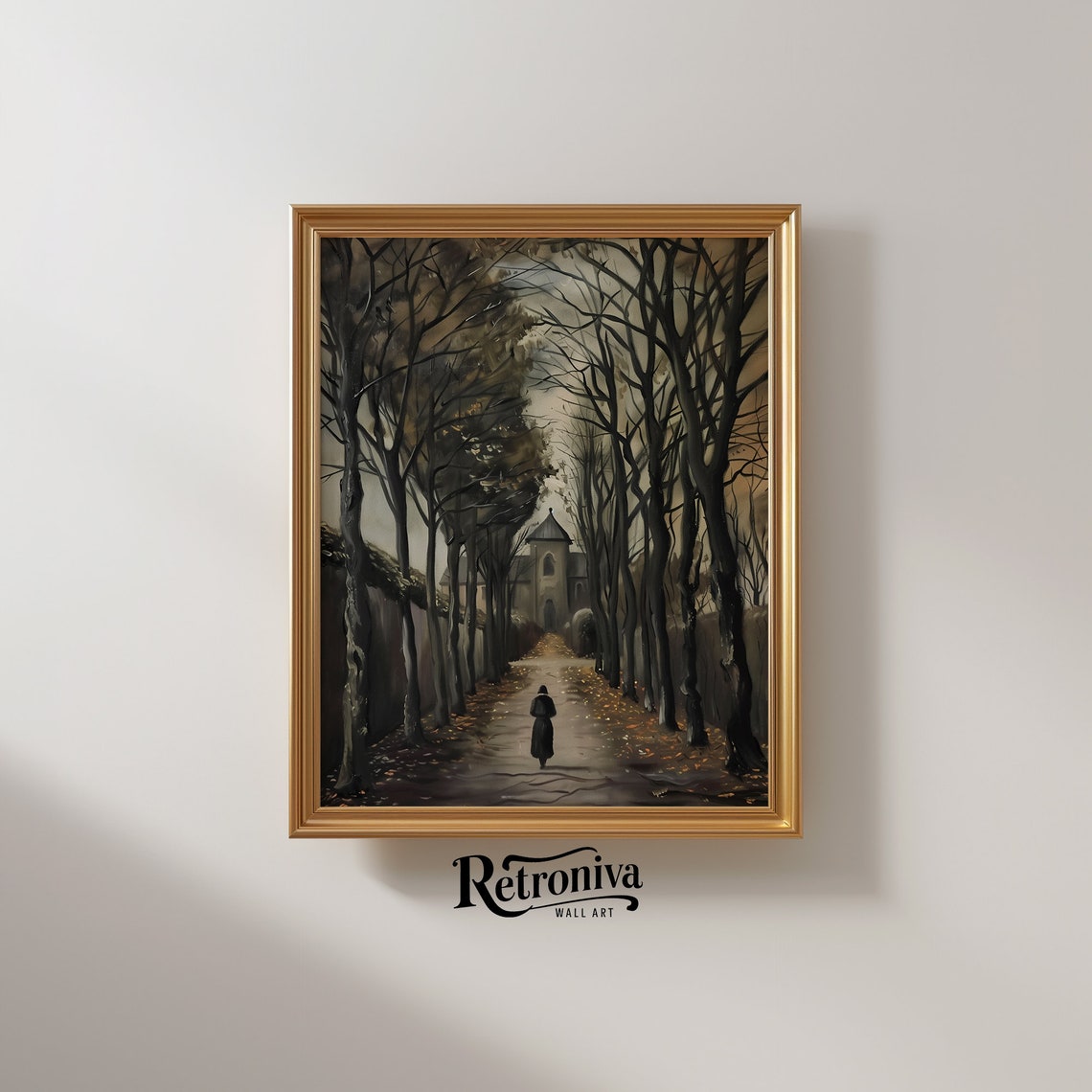 Dark Academia Tree Lined Avenue Lone Figure Moody Autumn Poster - Image 2