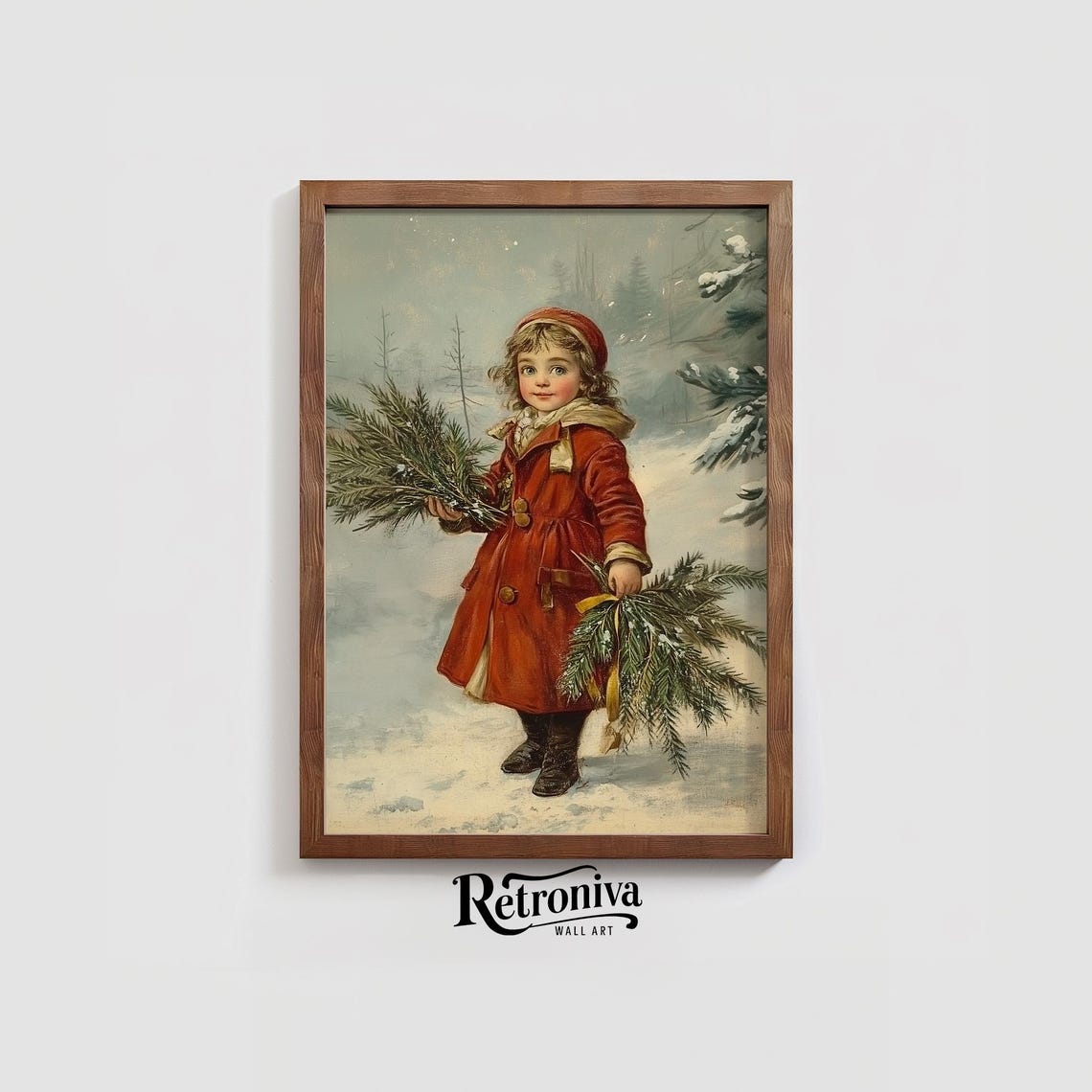 Vintage Christmas Girl In Red Coat Holding Evergreen Boughs Poster - Image 3