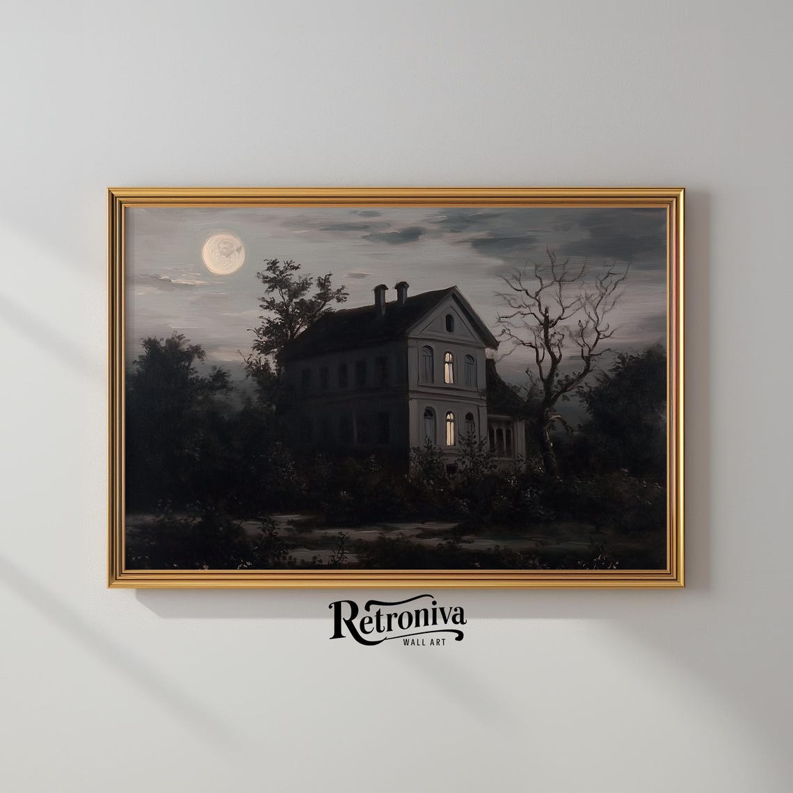 Rustic House Moonlight Full Moon Moody Night Landscape Painting Poster - Image 2