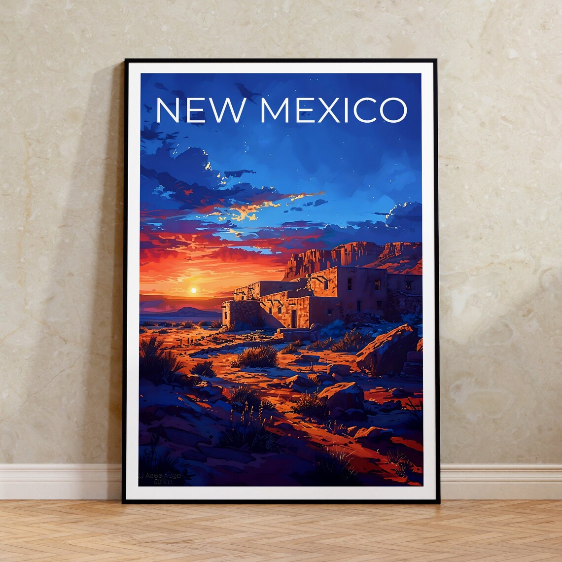 New Mexico Pueblo Ruins Desert Sunset Red Rock Cliffs Travel Poster