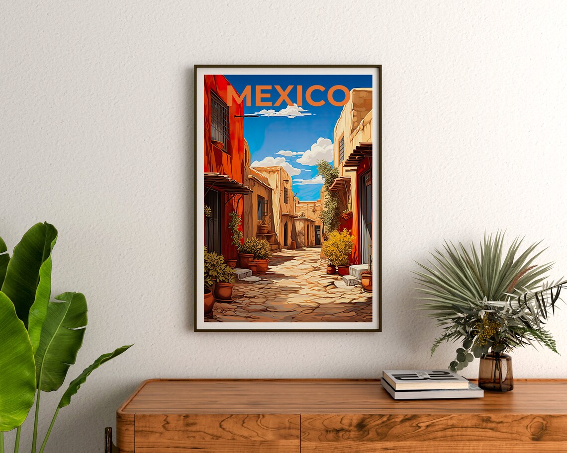 Mexico Pueblo Cobblestone Street Colorful Adobe Old Town Travel Poster - Image 3
