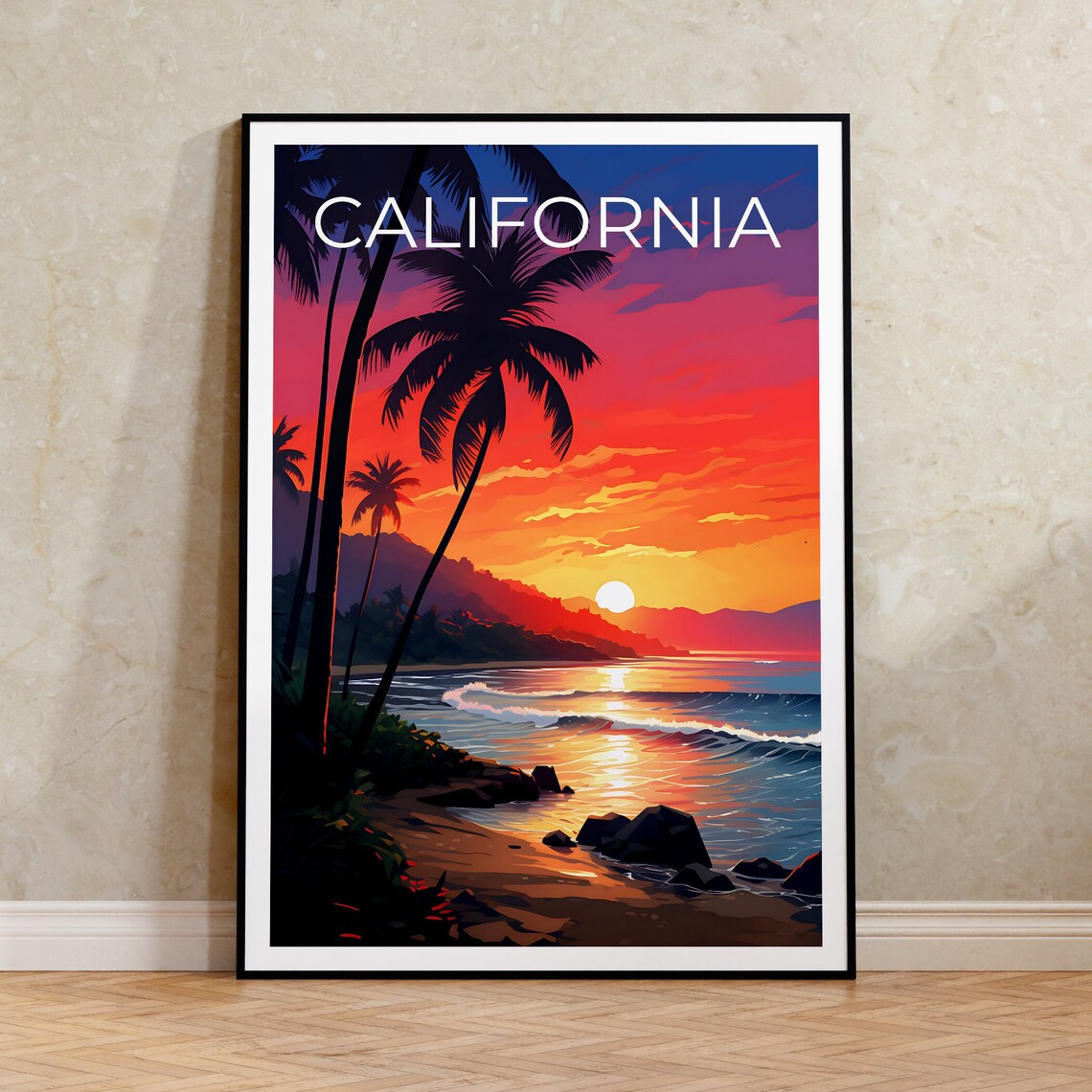 California Beach Sunset Palm Silhouettes Ocean Waves Shore Poster