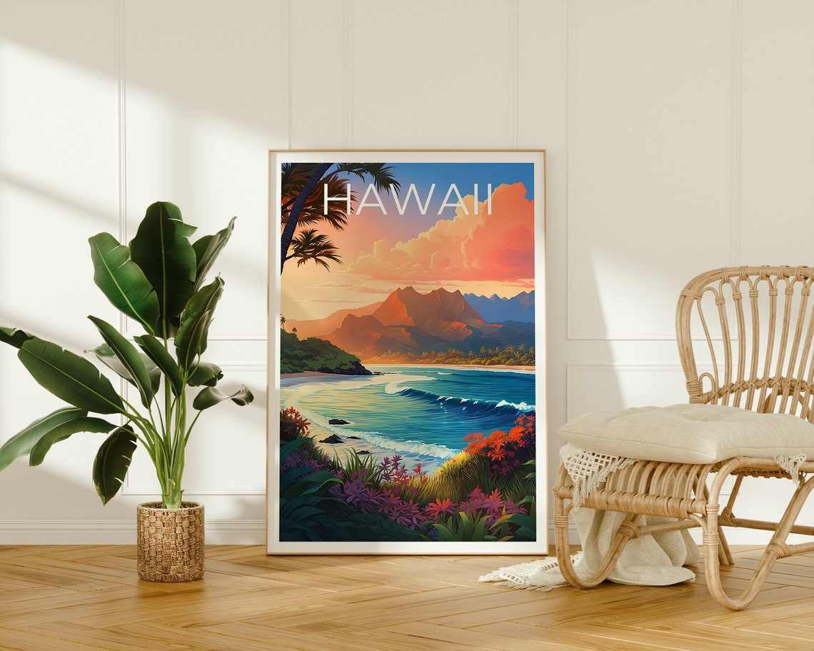 Hawaii Island Beach Sunset Surf Waves Palm Tree Coast Poster - Image 2