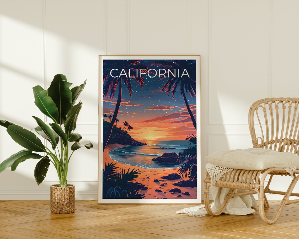California Beach Palm Trees Starry Sunset Ocean Cove Travel Poster - Image 2