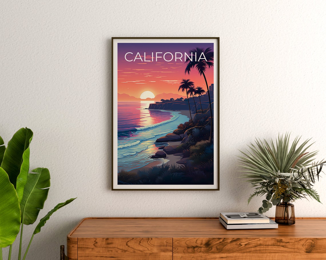 California Beach Sunset Palm Trees Pink Sky Ocean Waves Travel Poster - Image 3
