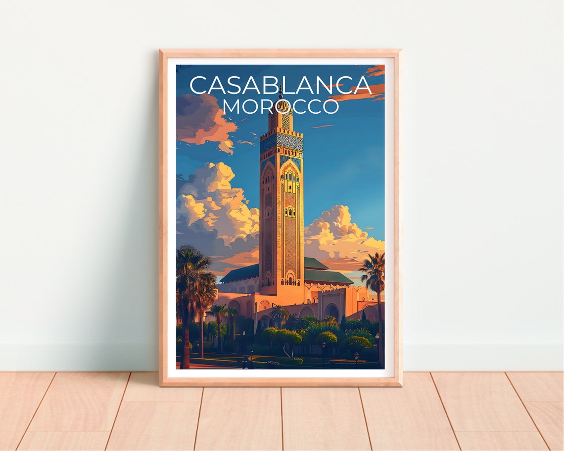 Casablanca Morocco Hassan II Mosque Minaret Sunset Sky Travel Poster - Image 4
