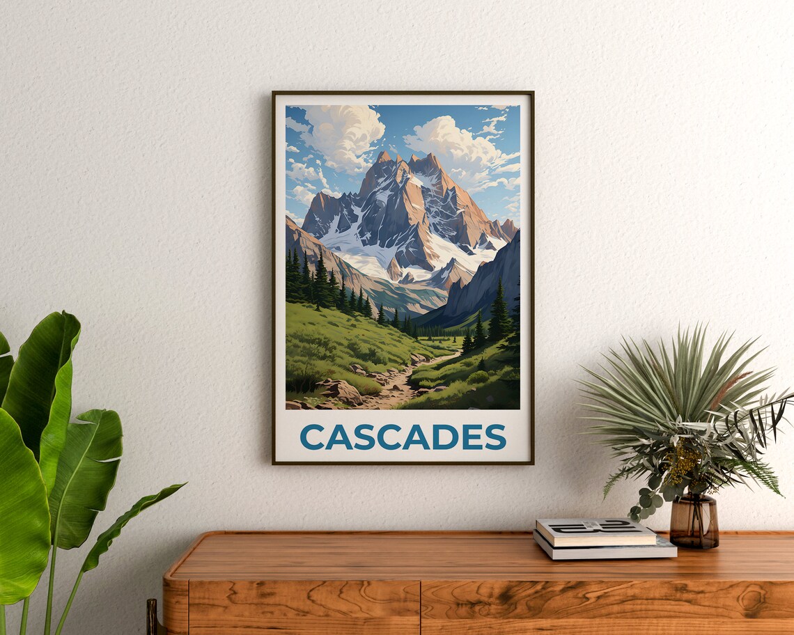 Cascades Snowy Peak Alpine Meadow Hiking Trail Summer Poster - Image 3