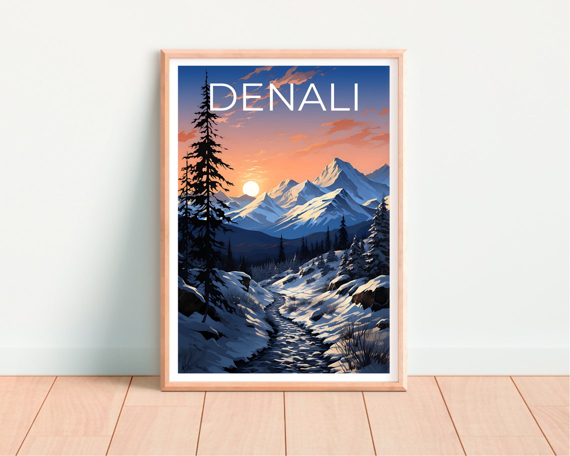 Denali Alaska Snowy Mountain Pass Winter Sunset Travel Poster - Image 4