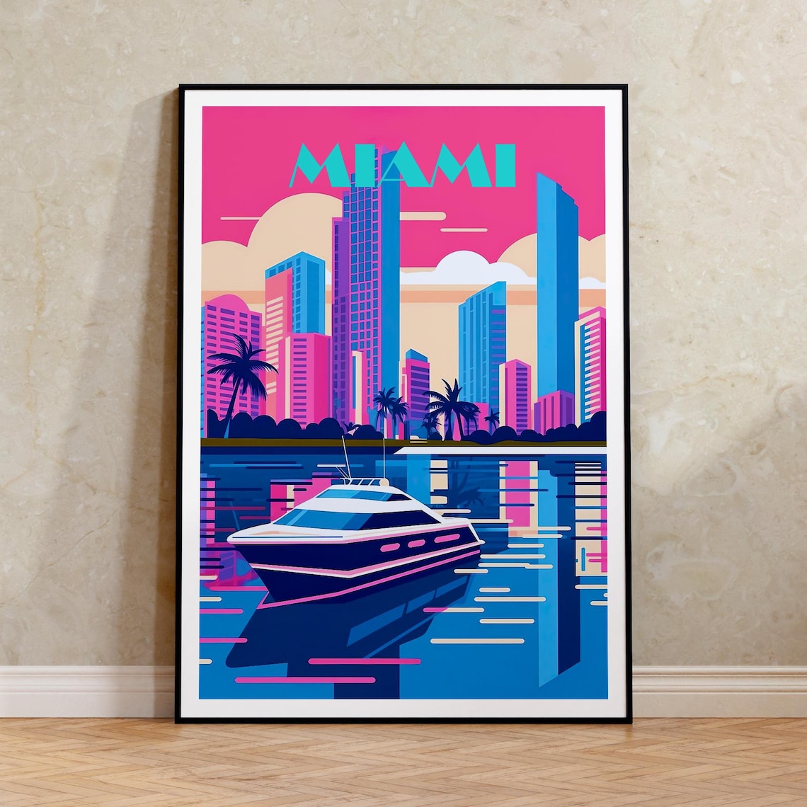 Miami Florida Neon Skyline Yacht Retro 80s Pink Sunset Travel Poster