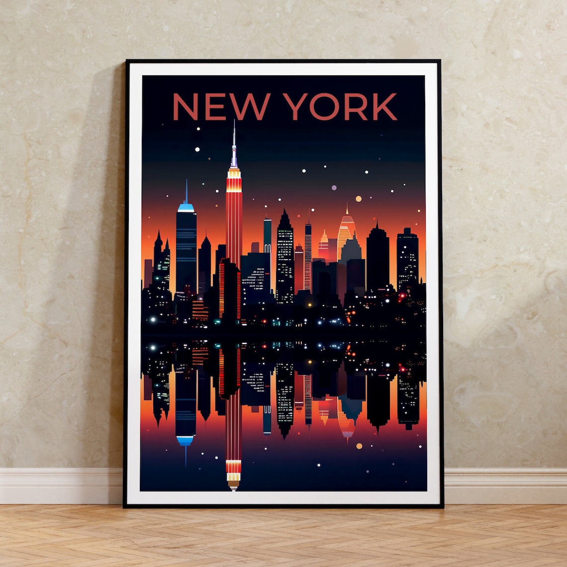 New York City Manhattan Skyline Night Lights Reflection Art Poster