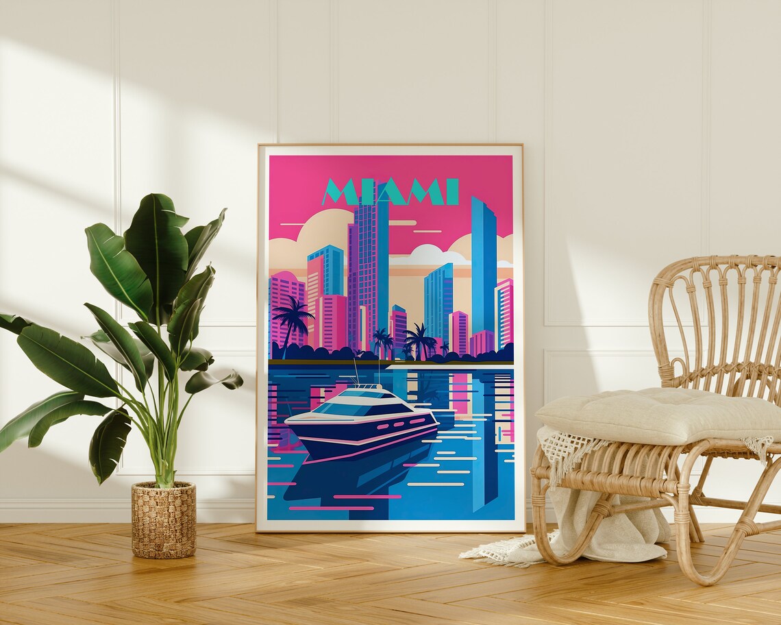 Miami Florida Neon Skyline Yacht Retro 80s Pink Sunset Travel Poster - Image 2