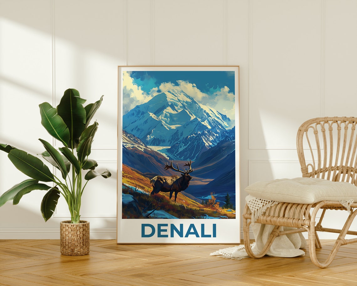 Denali Alaska Snowy Mountain Elk Autumn Meadow Golden Hour Poster - Image 2