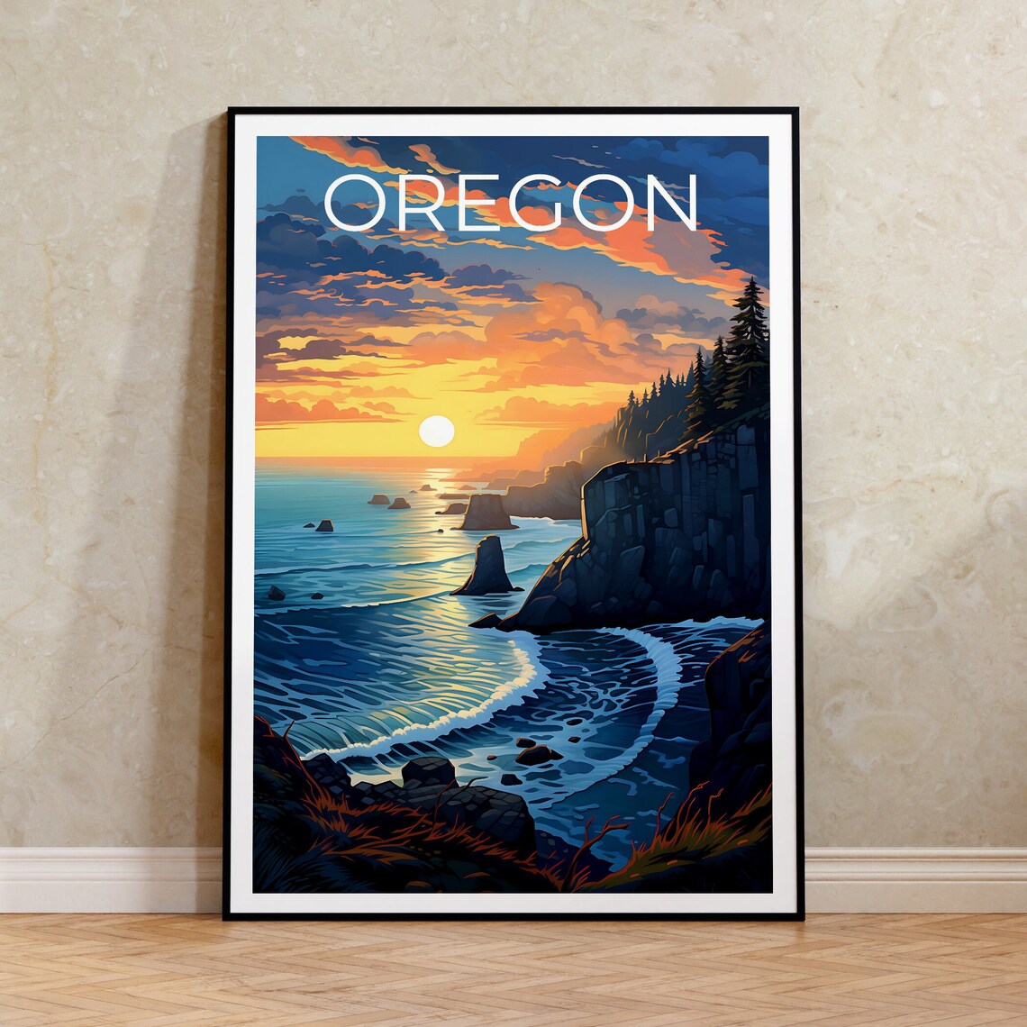 Oregon Coast Travel Poster, Coastal Wall Art Print