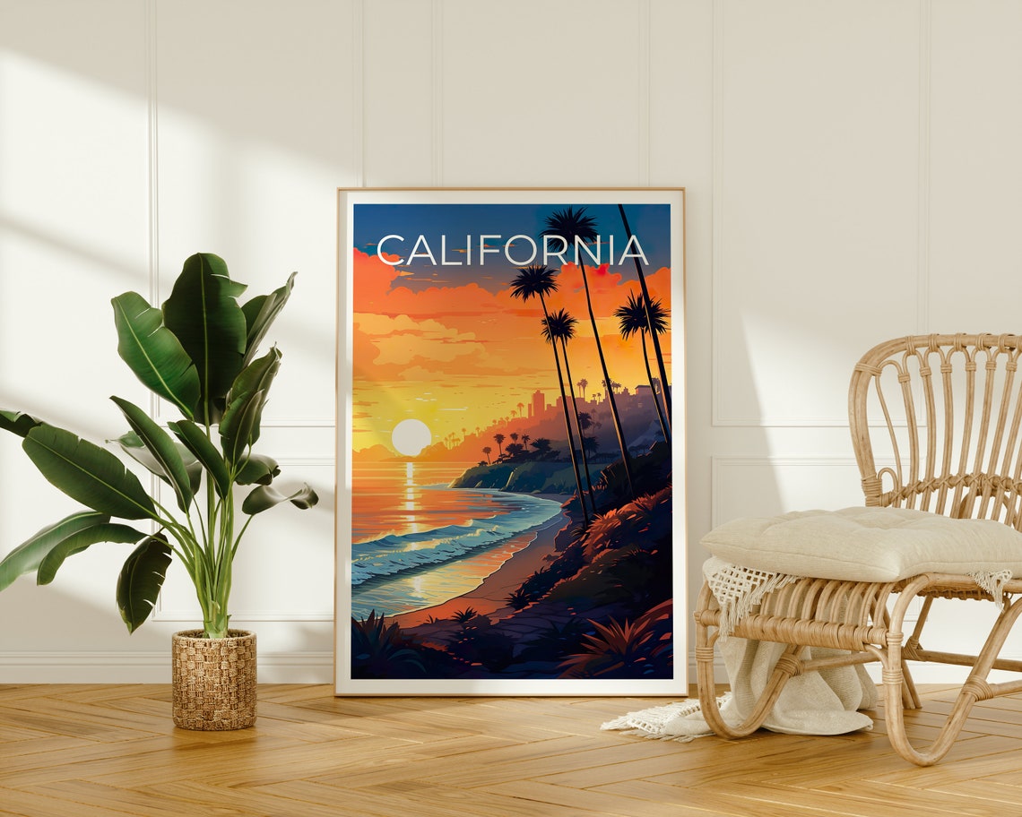 California Beach Sunset Palm Trees Ocean Shoreline View Poster - Image 3