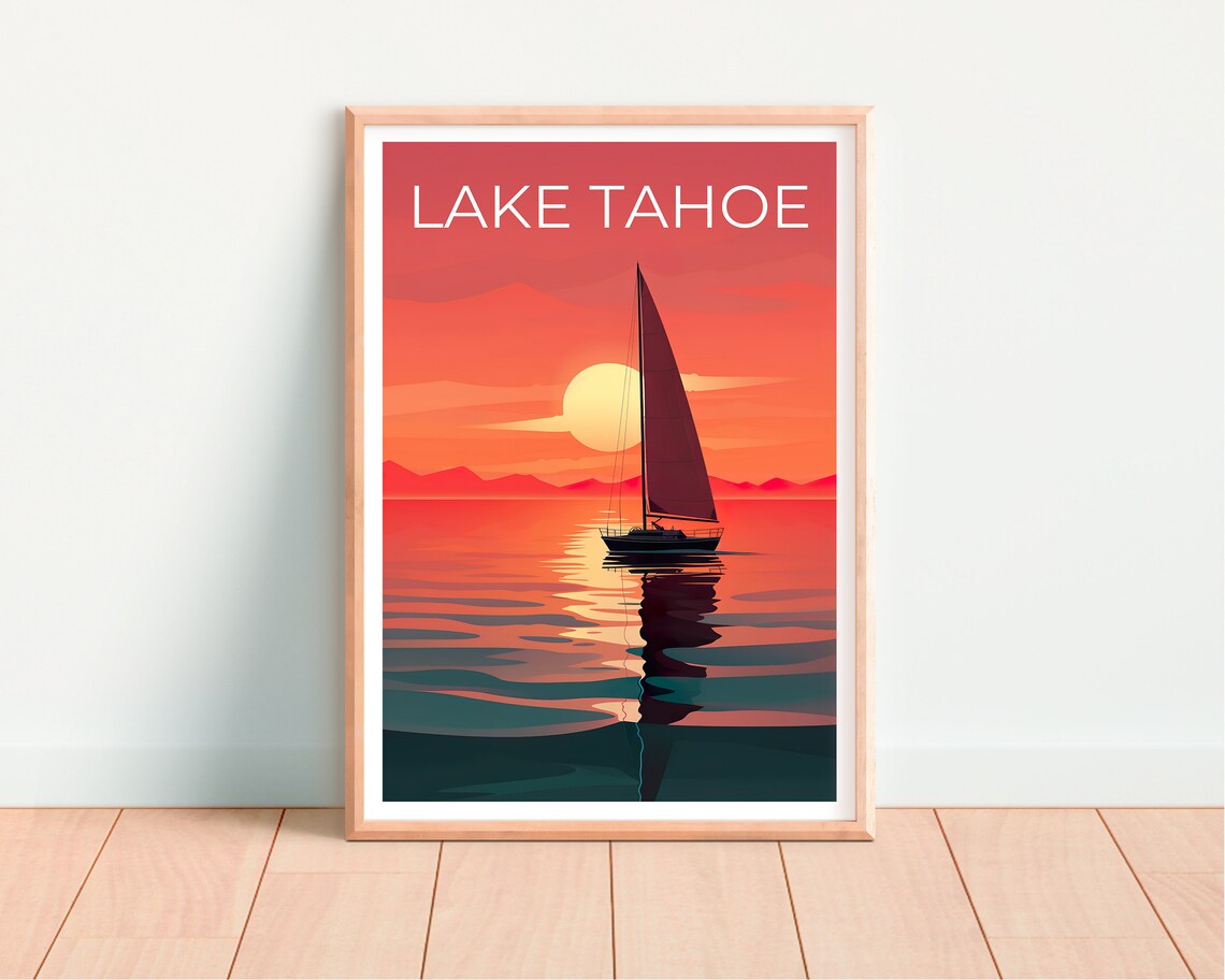 Lake Tahoe Sunset Sailboat Orange Sky Calm Lake Vintage Travel Poster - Image 4