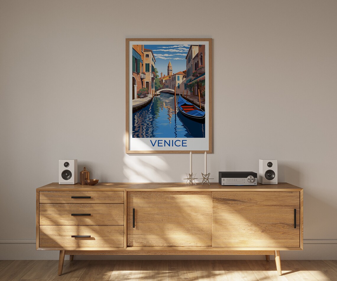 Venice Italy Gondola Canal Sunlit Old Town Bell Tower Travel Poster - Image 2