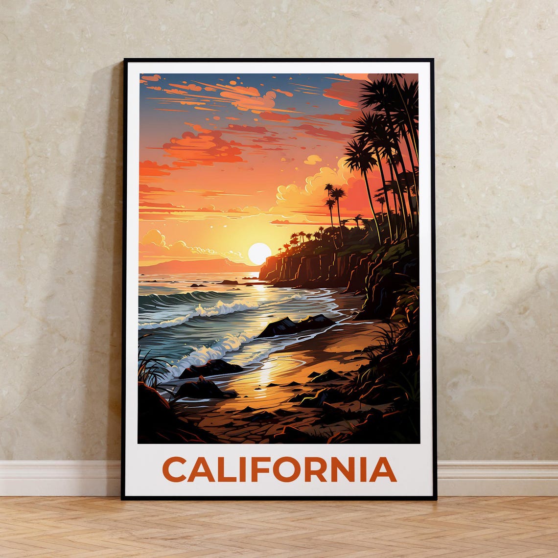 California Southern Beach Sunset Palm Cliffs Ocean Waves Travel Poster