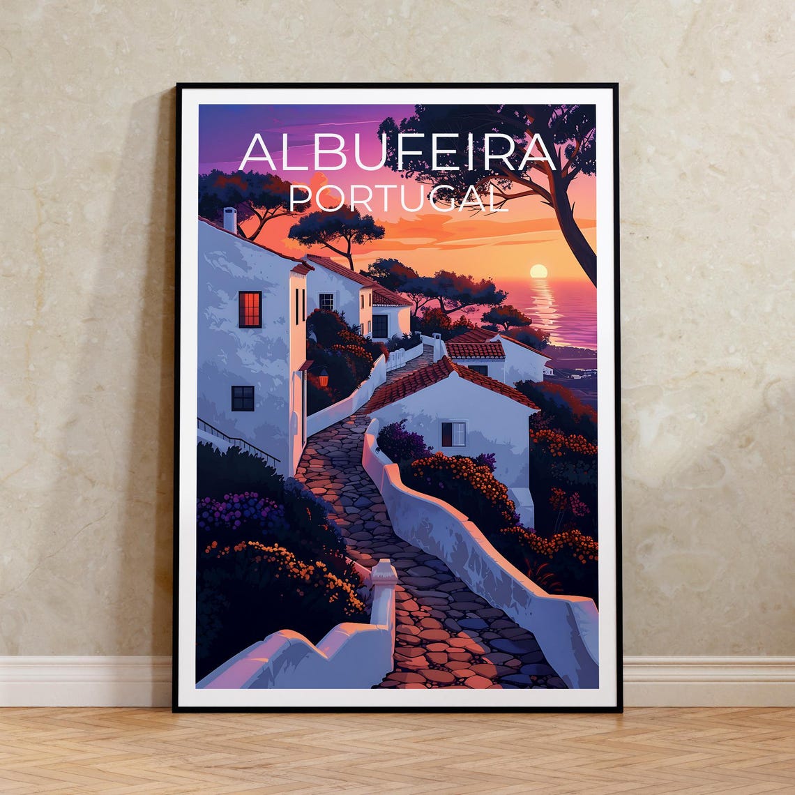 Albufeira Portugal Sunset Whitewashed Old Town Coastline Poster