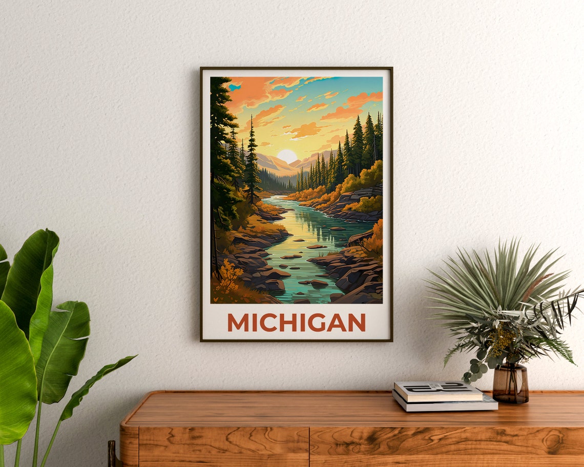 Michigan River Sunset Pine Forest Rocky Stream Valley Poster - Image 3