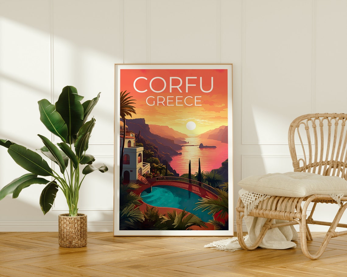 Corfu Greece Villa Pool Terrace Sunset Ionian Sea View Travel Poster - Image 2