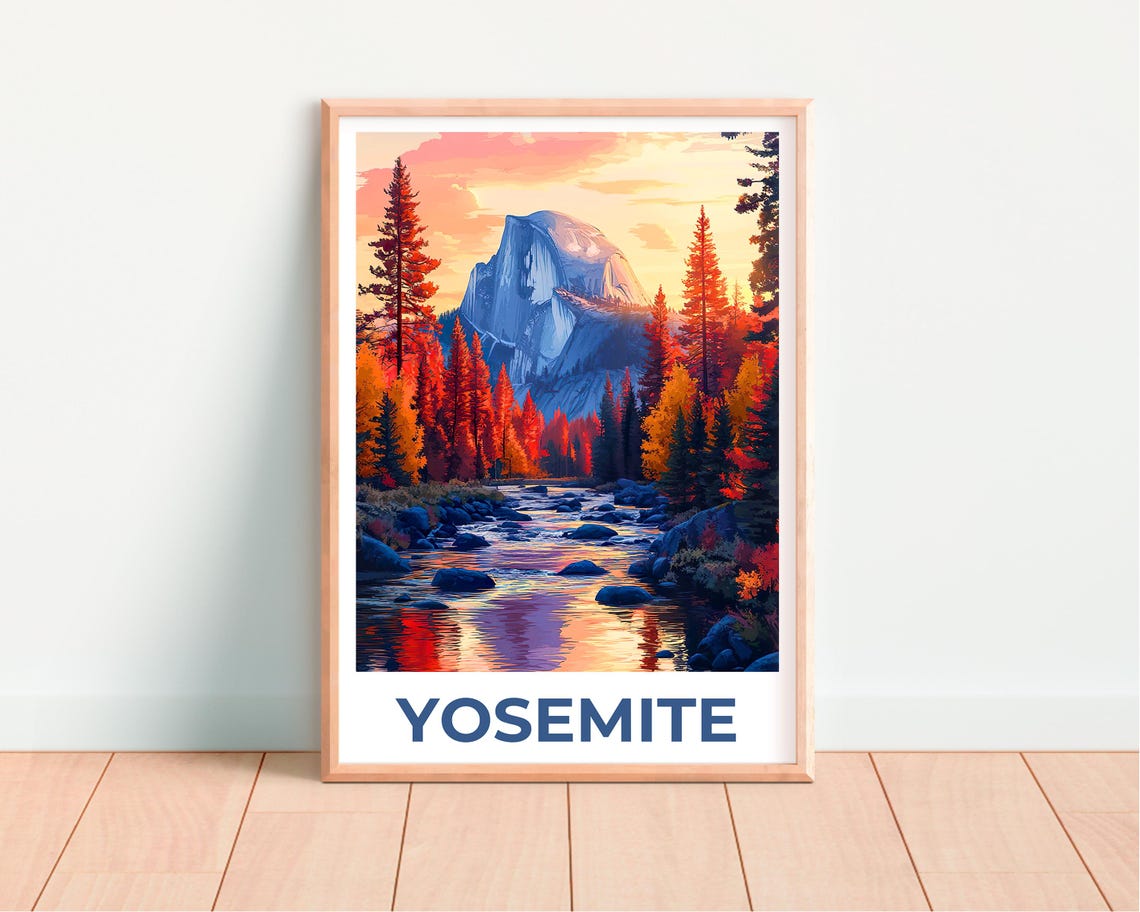 Yosemite Half Dome Autumn River Sunset Pine Forest View Travel Poster - Image 4