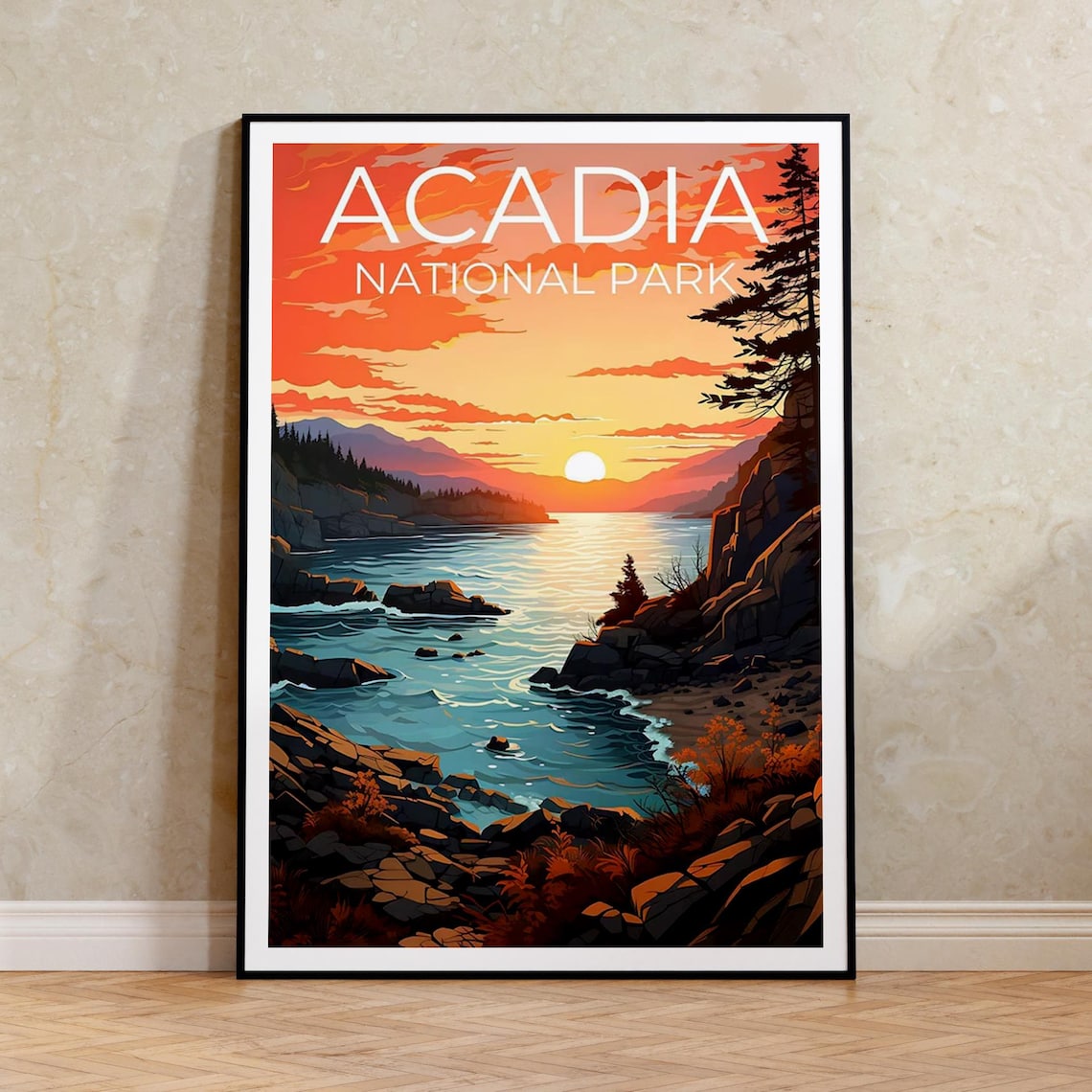 Acadia National Park Maine Rocky Coast Sunset Ocean View Travel Poster
