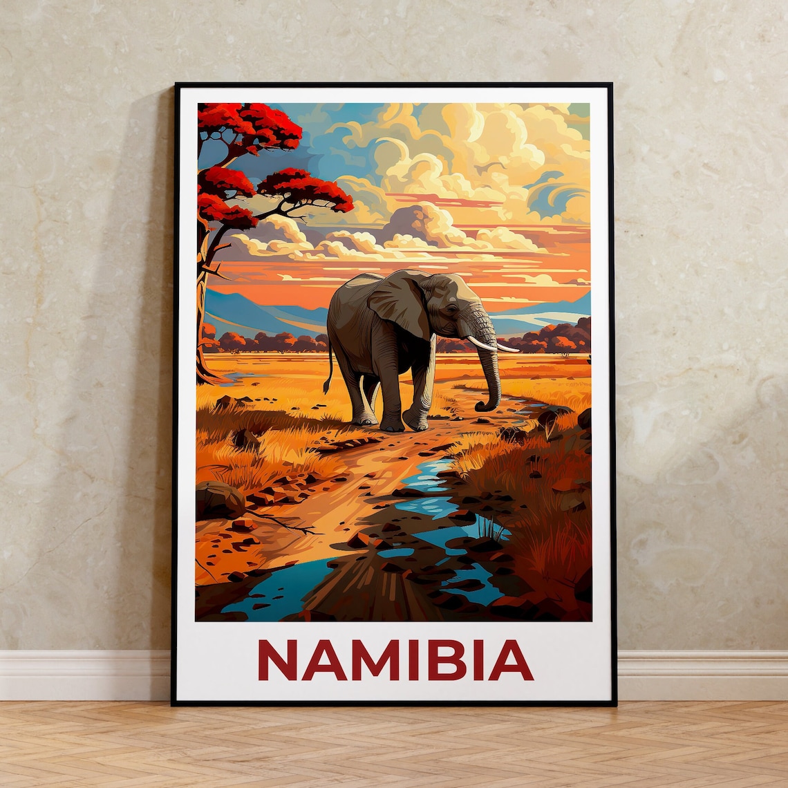 Namibia African Elephant Sunset Savanna Landscape Travel Poster