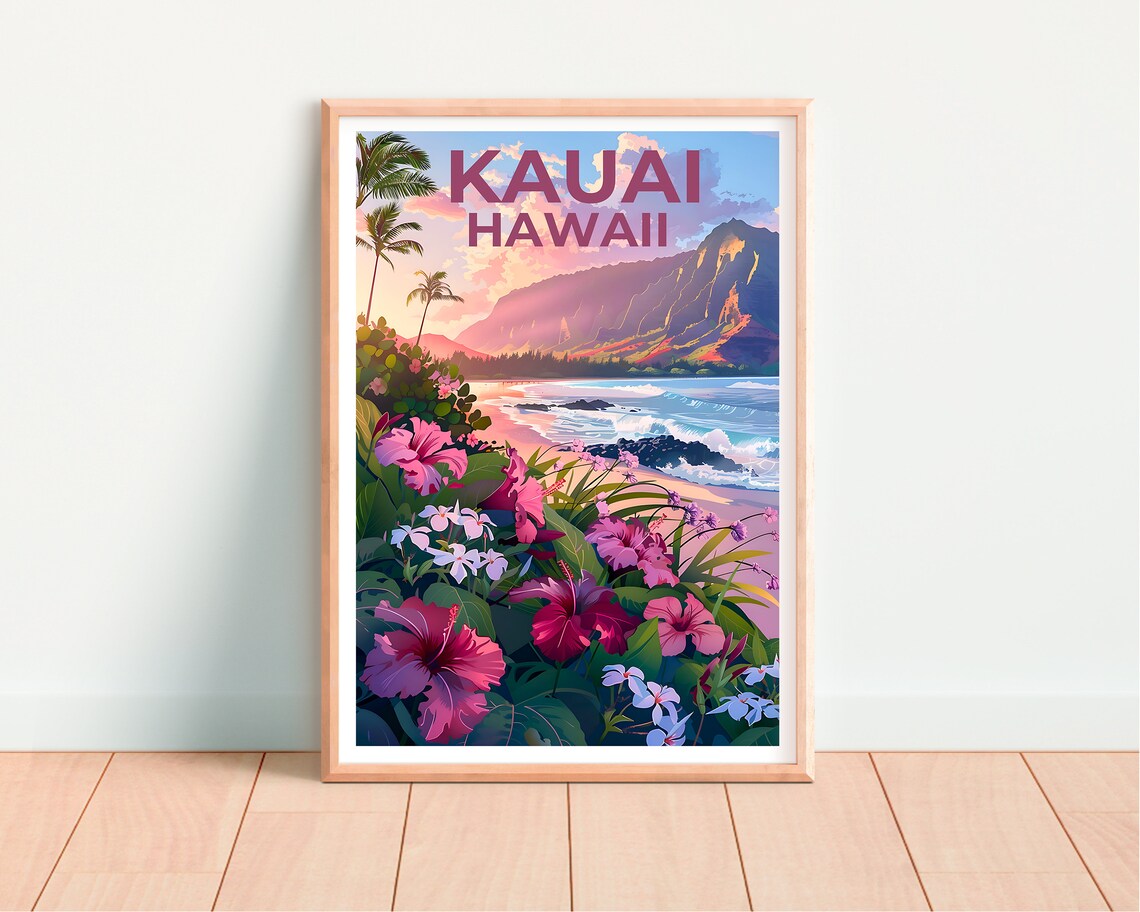 Kauai Hawaii Beach Hibiscus Flowers Mountain Coast View Poster - Image 4