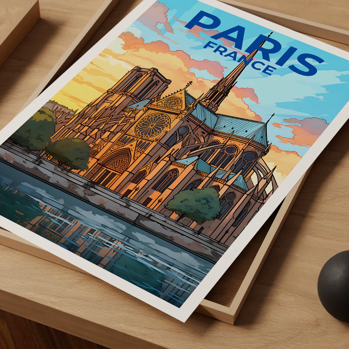 Paris France Notre Dame Cathedral Sunset River Seine View Poster - Image 4