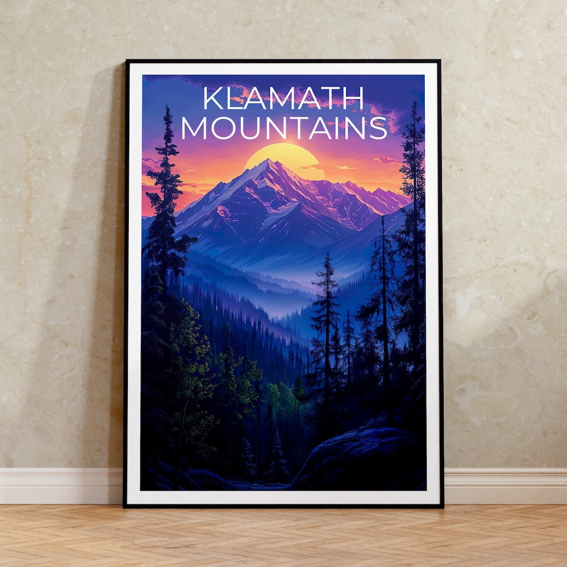 Klamath Mountains California Sunset Peak Pine Forest Golden Sun Poster