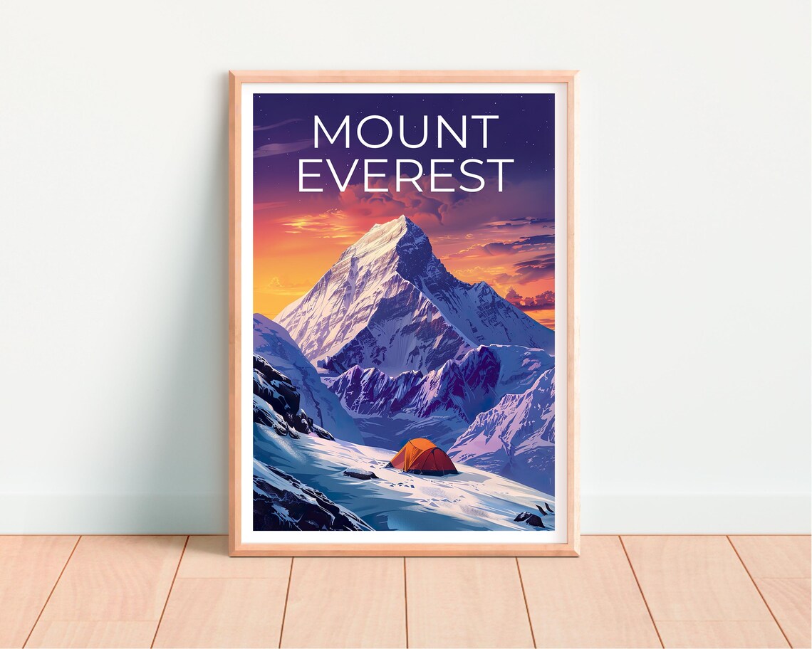 Mount Everest Summit at Dusk With Base Camp Tent Travel Poster - Image 2