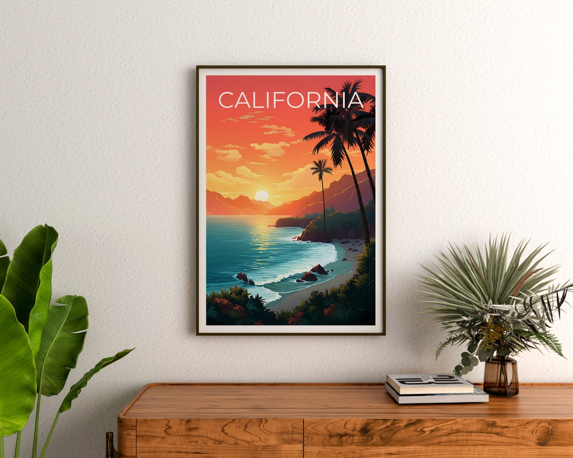 California Coast Sunset Palm Trees Rocky Cove Beach View Poster - Image 3