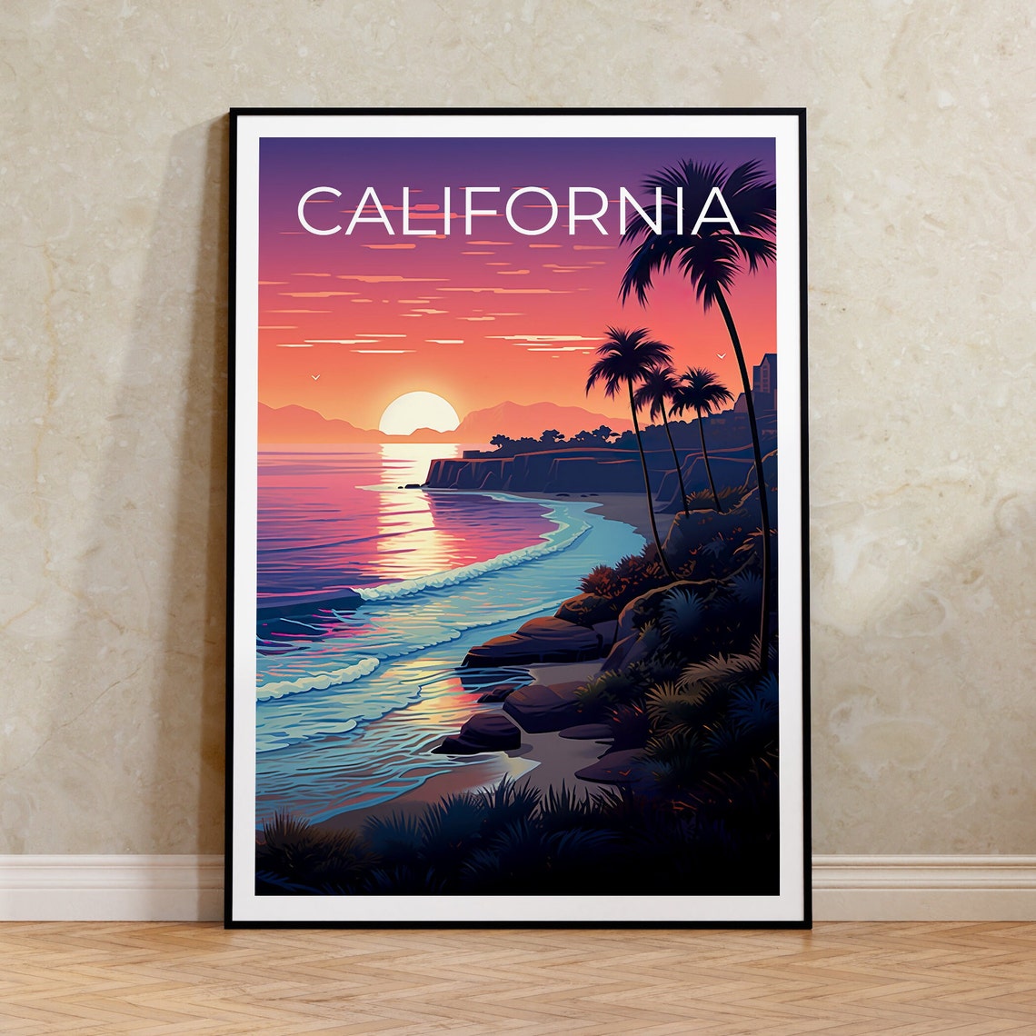 California Beach Sunset Palm Trees Pink Sky Ocean Waves Travel Poster