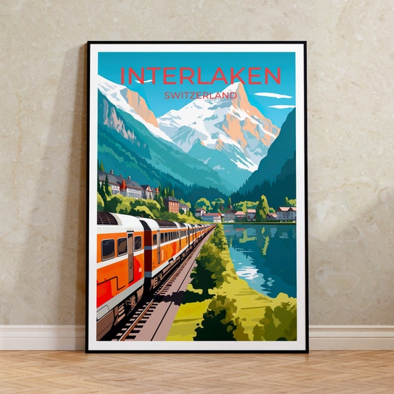 Switzerland Travel Poster, Interlaken Mountain Art